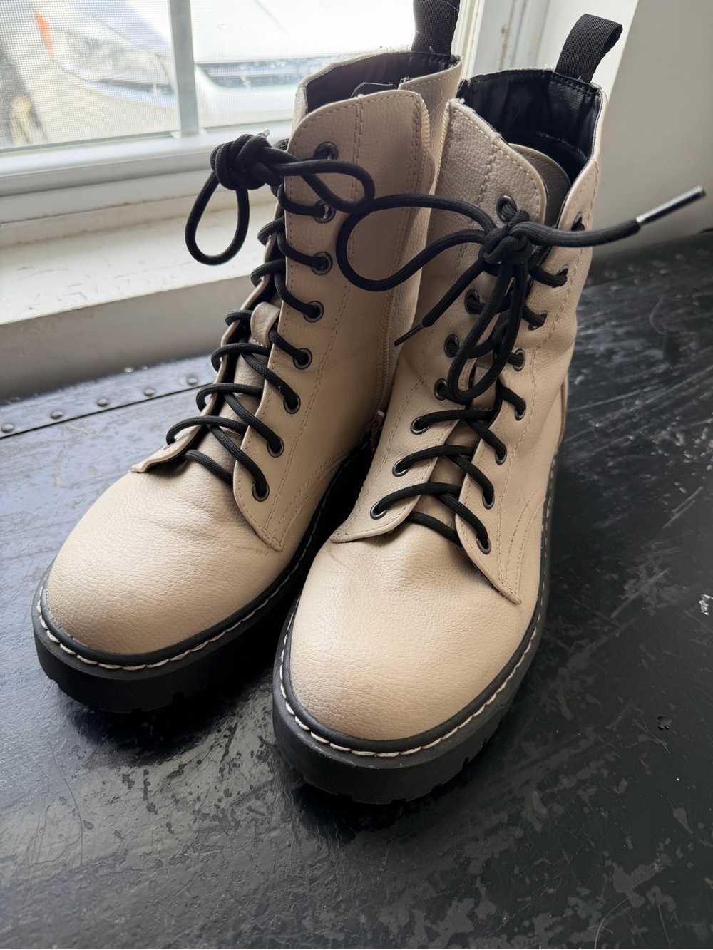 Sincerly Jules Beige Lace-Up Combat Boots with Black Laces